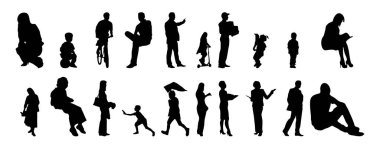 Vektör siluetleri, insanların ana hatları, Contour çizimleri, insanların siluetleri, ikon kümesi izole edilmiş, oturan insanların silueti, mimari set