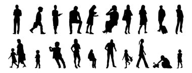 Vektör siluetleri, insanların ana hatları, Contour çizimleri, insanların siluetleri, ikon kümesi izole edilmiş, oturan insanların silueti, mimari set
