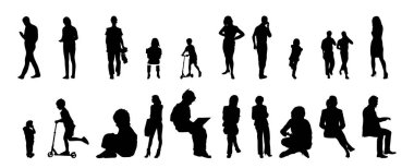 Vektör siluetleri, insanların ana hatları, Contour çizimleri, insanların siluetleri, ikon kümesi izole edilmiş, oturan insanların silueti, mimari set