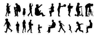 Vektör siluetleri, insanların ana hatları, Contour çizimleri, insanların siluetleri, ikon kümesi izole edilmiş, oturan insanların silueti, mimari set