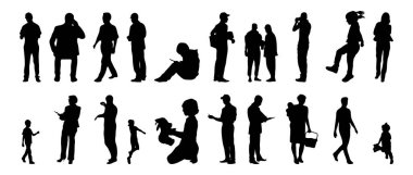 Vektör siluetleri, insanların ana hatları, Contour çizimleri, insanların siluetleri, ikon kümesi izole edilmiş, oturan insanların silueti, mimari set