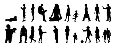 Vektör siluetleri, insanların ana hatları, Contour çizimleri, insanların siluetleri, ikon kümesi izole edilmiş, oturan insanların silueti, mimari set