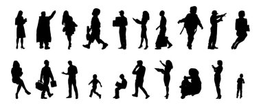 Vektör siluetleri, insanların ana hatları, Contour çizimleri, insanların siluetleri, ikon kümesi izole edilmiş, oturan insanların silueti, mimari set