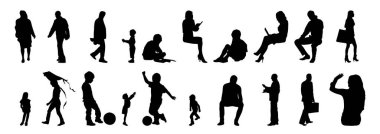 Vektör siluetleri, insanların ana hatları, Contour çizimleri, insanların siluetleri, ikon kümesi izole edilmiş, oturan insanların silueti, mimari set