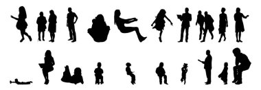 Vektör siluetleri, insanların ana hatları, Contour çizimleri, insanların siluetleri, ikon kümesi izole edilmiş, oturan insanların silueti, mimari set