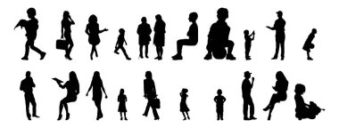 Vektör siluetleri, insanların ana hatları, Contour çizimleri, insanların siluetleri, ikon kümesi izole edilmiş, oturan insanların silueti, mimari set