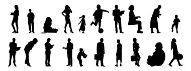 Vektör siluetleri, insanların ana hatları, Contour çizimleri, insanların siluetleri, ikon kümesi izole edilmiş, oturan insanların silueti, mimari set