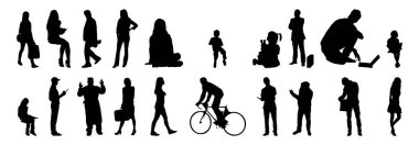 Vektör siluetleri, insanların ana hatları, Contour çizimleri, insanların siluetleri, ikon kümesi izole edilmiş, oturan insanların silueti, mimari set