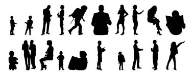 Vektör siluetleri, insanların ana hatları, Contour çizimleri, insanların siluetleri, ikon kümesi izole edilmiş, oturan insanların silueti, mimari set