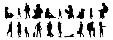 Vektör siluetleri, insanların ana hatları, Contour çizimleri, insanların siluetleri, ikon kümesi izole edilmiş, oturan insanların silueti, mimari set