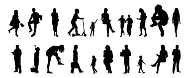 Vektör siluetleri, insanların ana hatları, Contour çizimleri, insanların siluetleri, ikon kümesi izole edilmiş, oturan insanların silueti, mimari set