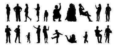 Vektör siluetleri, insanların ana hatları, Contour çizimleri, insanların siluetleri, ikon kümesi izole edilmiş, oturan insanların silueti, mimari set