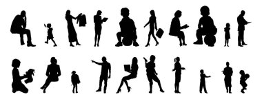Vektör siluetleri, insanların ana hatları, Contour çizimleri, insanların siluetleri, ikon kümesi izole edilmiş, oturan insanların silueti, mimari set