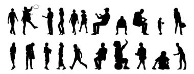 Vektör siluetleri, insanların ana hatları, Contour çizimleri, insanların siluetleri, ikon kümesi izole edilmiş, oturan insanların silueti, mimari set