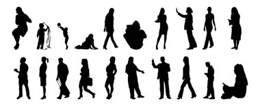 Vektör siluetleri, insanların ana hatları, Contour çizimleri, insanların siluetleri, ikon kümesi izole edilmiş, oturan insanların silueti, mimari set