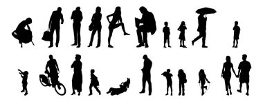 Vektör siluetleri, insanların ana hatları, Contour çizimleri, insanların siluetleri, ikon kümesi izole edilmiş, oturan insanların silueti, mimari set