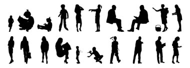 Vektör siluetleri, insanların ana hatları, Contour çizimleri, insanların siluetleri, ikon kümesi izole edilmiş, oturan insanların silueti, mimari set