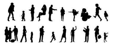 Vektör siluetleri, insanların ana hatları, Contour çizimleri, insanların siluetleri, ikon kümesi izole edilmiş, oturan insanların silueti, mimari set