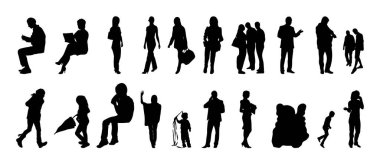 Vektör siluetleri, insanların ana hatları, Contour çizimleri, insanların siluetleri, ikon kümesi izole edilmiş, oturan insanların silueti, mimari set