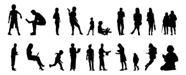 Vektör siluetleri, insanların ana hatları, Contour çizimleri, insanların siluetleri, ikon kümesi izole edilmiş, oturan insanların silueti, mimari set