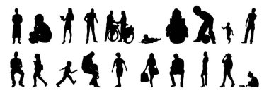 Vektör siluetleri, insanların ana hatları, Contour çizimleri, insanların siluetleri, ikon kümesi izole edilmiş, oturan insanların silueti, mimari set