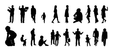 Vektör siluetleri, insanların ana hatları, Contour çizimleri, insanların siluetleri, ikon kümesi izole edilmiş, oturan insanların silueti, mimari set