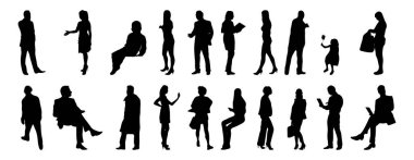 Vektör siluetleri, insanların ana hatları, Contour çizimleri, insanların siluetleri, ikon kümesi izole edilmiş, oturan insanların silueti, mimari set