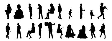 Vektör siluetleri, insanların ana hatları, Contour çizimleri, insanların siluetleri, ikon kümesi izole edilmiş, oturan insanların silueti, mimari set