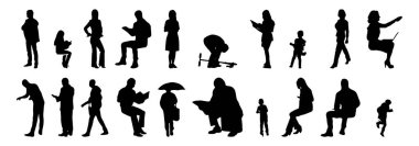 Vektör siluetleri, insanların ana hatları, Contour çizimleri, insanların siluetleri, ikon kümesi izole edilmiş, oturan insanların silueti, mimari set