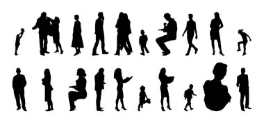 Vektör siluetleri, insanların ana hatları, Contour çizimleri, insanların siluetleri, ikon kümesi izole edilmiş, oturan insanların silueti, mimari set