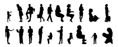 Vektör siluetleri, insanların ana hatları, Contour çizimleri, insanların siluetleri, ikon kümesi izole edilmiş, oturan insanların silueti, mimari set