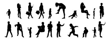 Vektör siluetleri, insanların ana hatları, Contour çizimleri, insanların siluetleri, ikon kümesi izole edilmiş, oturan insanların silueti, mimari set