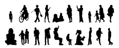 Vektör siluetleri, insanların ana hatları, Contour çizimleri, insanların siluetleri, ikon kümesi izole edilmiş, oturan insanların silueti, mimari set