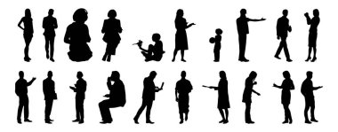 Vektör siluetleri, insanların ana hatları, Contour çizimleri, insanların siluetleri, ikon kümesi izole edilmiş, oturan insanların silueti, mimari set