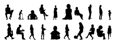 Vektör siluetleri, insanların ana hatları, Contour çizimleri, insanların siluetleri, ikon kümesi izole edilmiş, oturan insanların silueti, mimari set