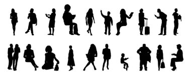 Vektör siluetleri, insanların ana hatları, Contour çizimleri, insanların siluetleri, ikon kümesi izole edilmiş, oturan insanların silueti, mimari set