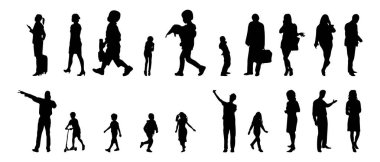 Vektör siluetleri, insanların ana hatları, Contour çizimleri, insanların siluetleri, ikon kümesi izole edilmiş, oturan insanların silueti, mimari set