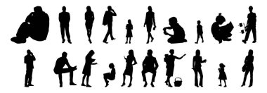 Vektör siluetleri, insanların ana hatları, Contour çizimleri, insanların siluetleri, ikon kümesi izole edilmiş, oturan insanların silueti, mimari set