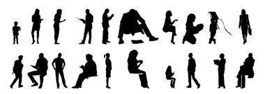 Vektör siluetleri, insanların ana hatları, Contour çizimleri, insanların siluetleri, ikon kümesi izole edilmiş, oturan insanların silueti, mimari set