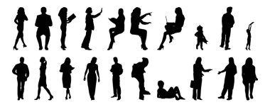 Vektör siluetleri, insanların ana hatları, Contour çizimleri, insanların siluetleri, ikon kümesi izole edilmiş, oturan insanların silueti, mimari set