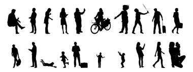 Vektör siluetleri, insanların ana hatları, Contour çizimleri, insanların siluetleri, ikon kümesi izole edilmiş, oturan insanların silueti, mimari set