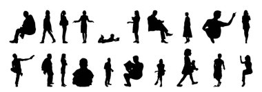 Vektör siluetleri, insanların ana hatları, Contour çizimleri, insanların siluetleri, ikon kümesi izole edilmiş, oturan insanların silueti, mimari set