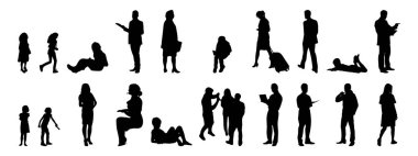 Vektör siluetleri, insanların ana hatları, Contour çizimleri, insanların siluetleri, ikon kümesi izole edilmiş, oturan insanların silueti, mimari set