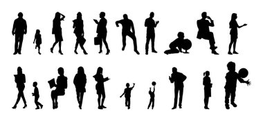 Vektör siluetleri, insanların ana hatları, Contour çizimleri, insanların siluetleri, ikon kümesi izole edilmiş, oturan insanların silueti, mimari set