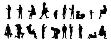 Vektör siluetleri, insanların ana hatları, Contour çizimleri, insanların siluetleri, ikon kümesi izole edilmiş, oturan insanların silueti, mimari set