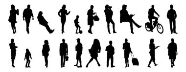 Vektör siluetleri, insanların ana hatları, Contour çizimleri, insanların siluetleri, ikon kümesi izole edilmiş, oturan insanların silueti, mimari set