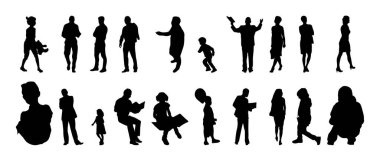 Vektör siluetleri, insanların ana hatları, Contour çizimleri, insanların siluetleri, ikon kümesi izole edilmiş, oturan insanların silueti, mimari set