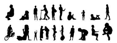 Vektör siluetleri, insanların ana hatları, Contour çizimleri, insanların siluetleri, ikon kümesi izole edilmiş, oturan insanların silueti, mimari set