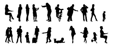 Vektör siluetleri, insanların ana hatları, Contour çizimleri, insanların siluetleri, ikon kümesi izole edilmiş, oturan insanların silueti, mimari set