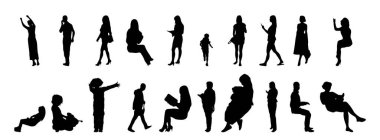 Vektör siluetleri, insanların ana hatları, Contour çizimleri, insanların siluetleri, ikon kümesi izole edilmiş, oturan insanların silueti, mimari set